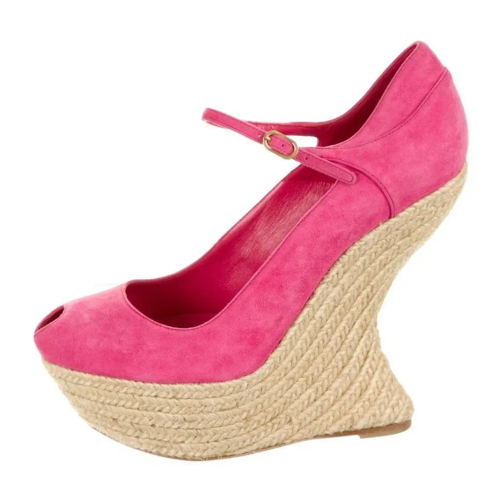 ALEXANDER MCQUEEN Suede Peeptoe Platform Ankle Wrap Jute Curved Heel Platforms
